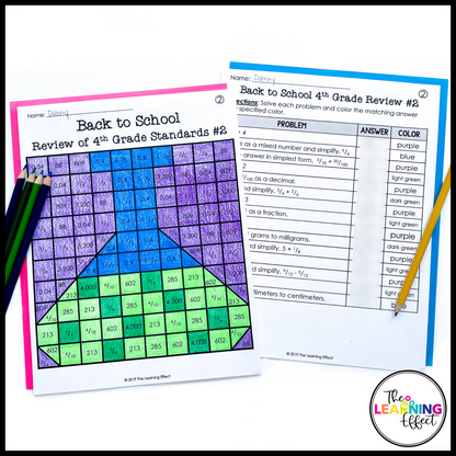 Back to School Math Review Activity Mystery Picture Worksheets | Color by Number