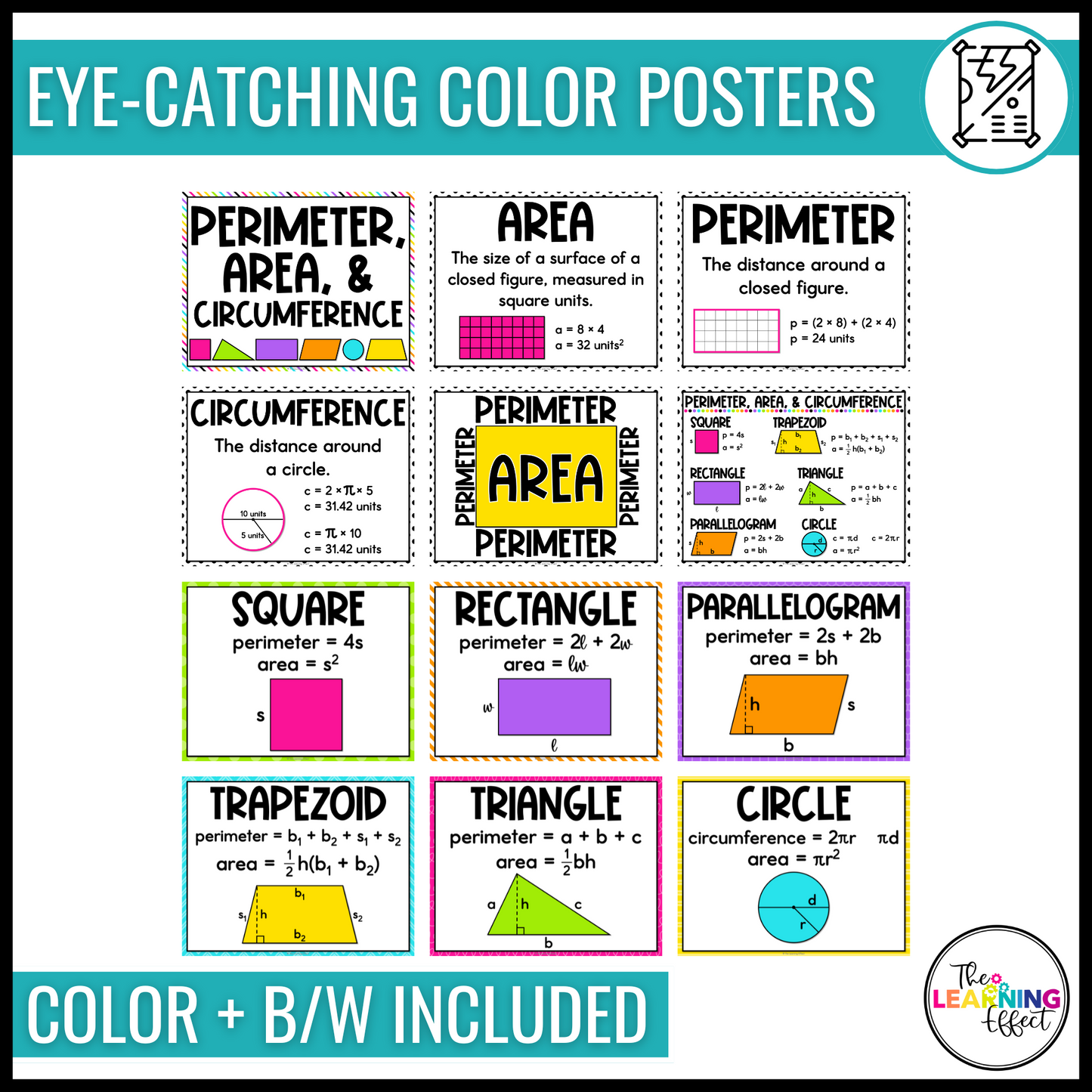 Perimeter, Area, and Circumference Formula Posters | Math Anchor Charts