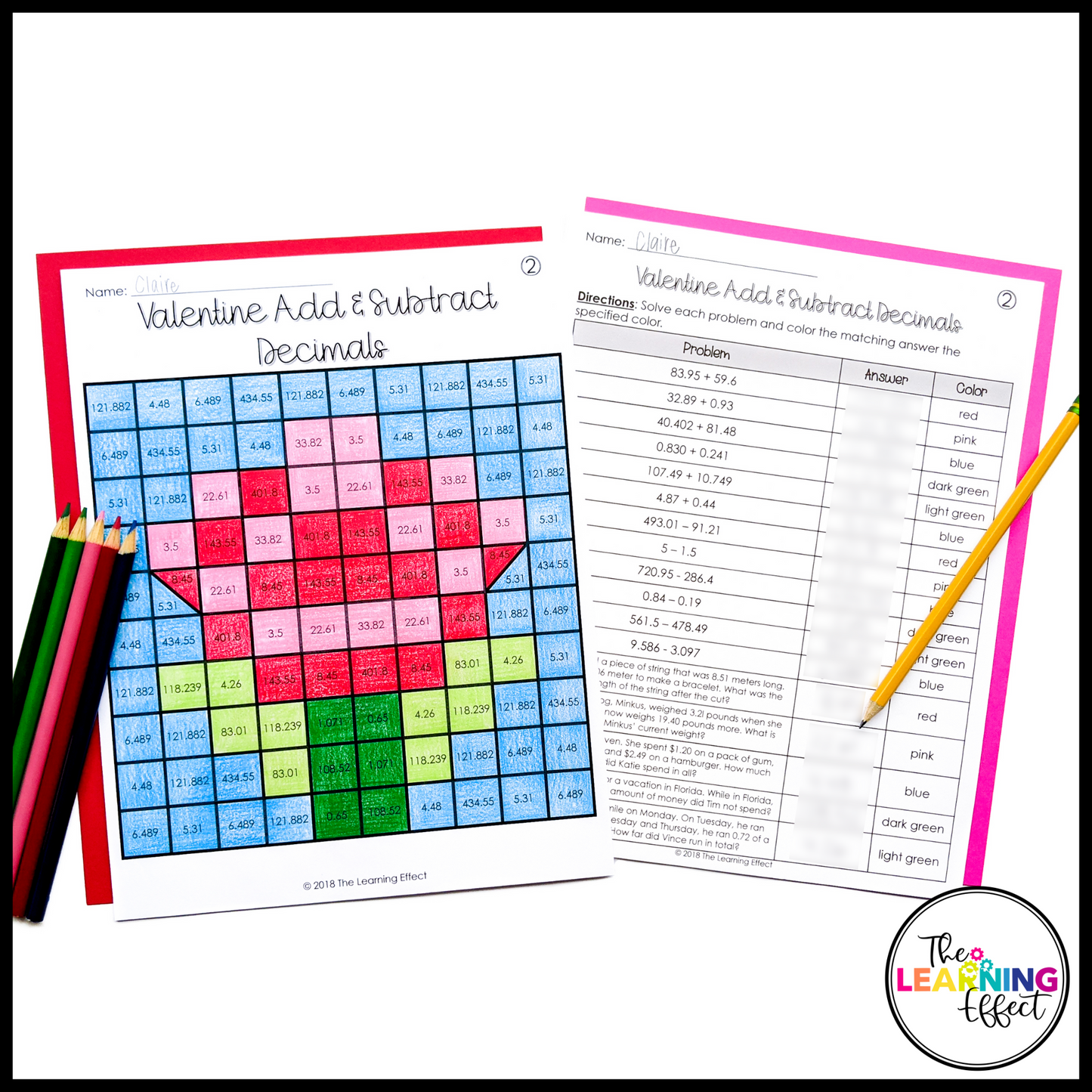 Valentine's Day Math Activities Mystery Picture Worksheets | Color by Number