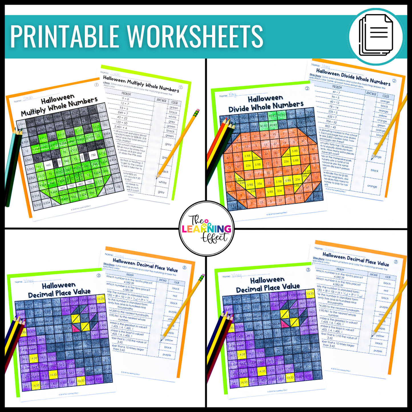Halloween Math Activities Color by Number and Pixel Art BUNDLE