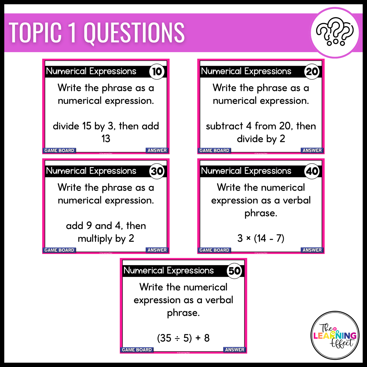 Expressions and Patterns Game Show | 5th Grade Math Review Test Prep Activity
