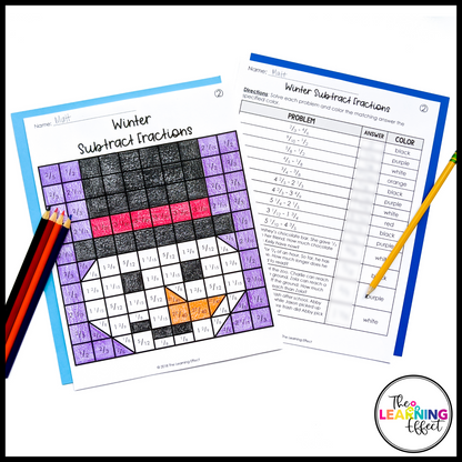 Winter Math Activities Mystery Picture Worksheets | Color by Number Fractions