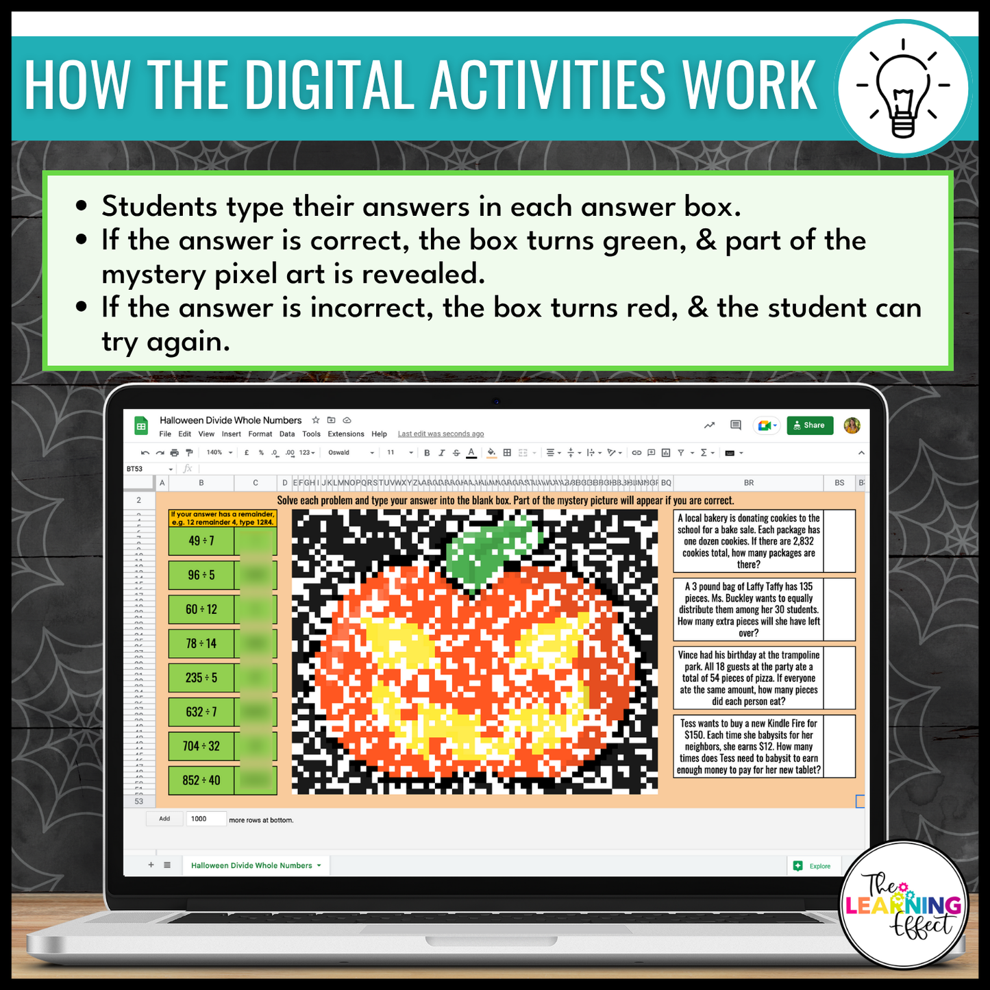Halloween Math Activities Digital Pixel Art | Decimals, Multiplication, Division