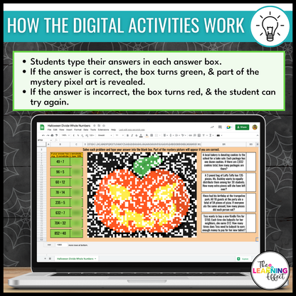 Halloween Math Activities Digital Pixel Art | Decimals, Multiplication, Division