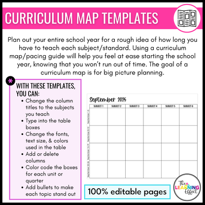 Curriculum Map and Pacing Guide Templates | Editable Planning Calendar | Black and White
