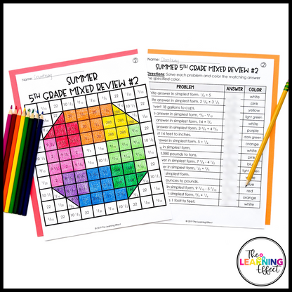 End of Year Math Activities Mystery Picture Worksheets | Review 5th and 6th Grade