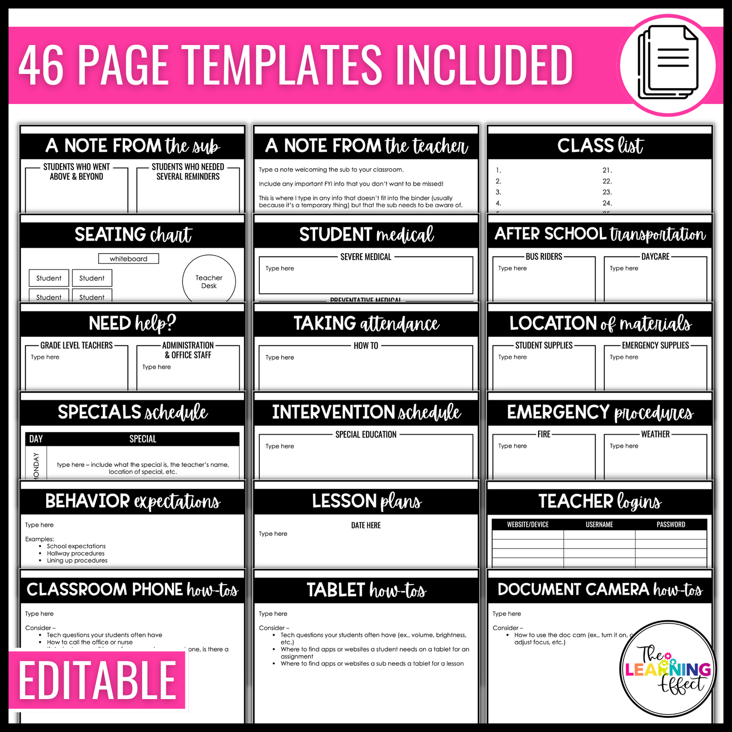 Substitute Teacher Binder Templates Editable | Print and Digital Sub Tub Pages