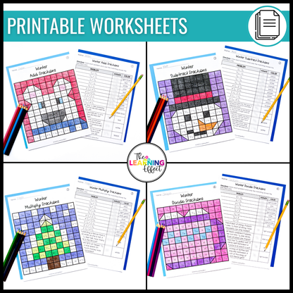 Winter Math Activities Color by Number and Pixel Art BUNDLE