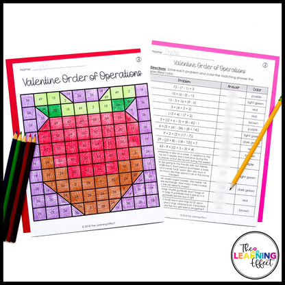 Valentine's Day Math Activities Mystery Picture Worksheets | Color by Number