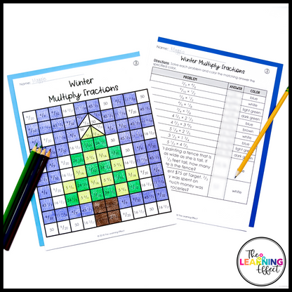 Winter Math Activities Mystery Picture Worksheets | Color by Number Fractions