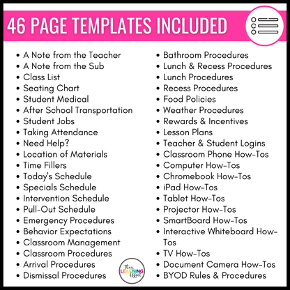 Substitute Teacher Binder Templates Editable | Print and Digital Sub Tub Pages