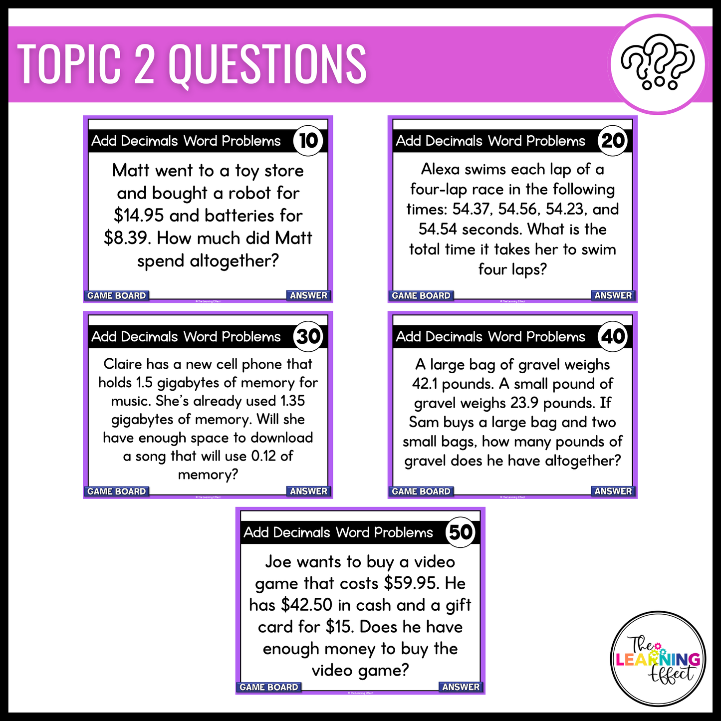 Adding and Subtracting Decimals Game Show | 5th Grade Math Test Prep Activity