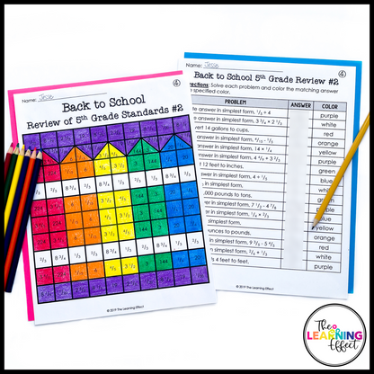Back to School Math Review Activity Mystery Picture Worksheets | Color by Number