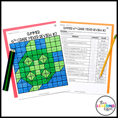 End of Year Math Activities Mystery Picture Worksheets | Review 5th and 6th Grade