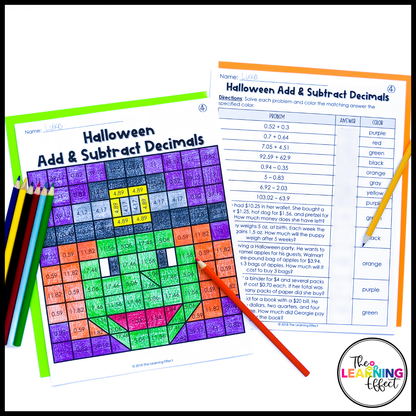 Halloween Math Activities Mystery Picture Worksheets | Color by Number