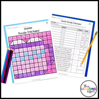 Winter Math Activities Mystery Picture Worksheets | Color by Number Fractions