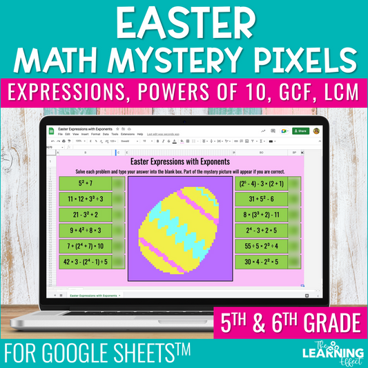Easter Math Activities Digital Pixel Art | Expressions, GCF, LCM, Powers of 10