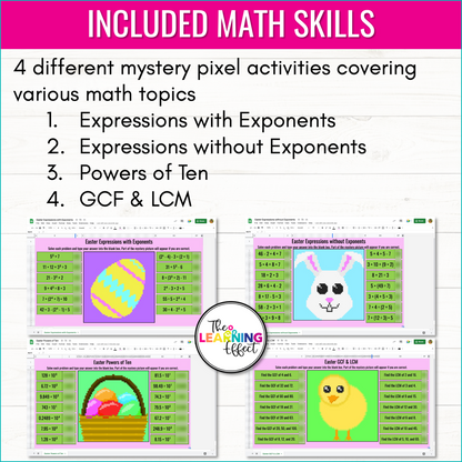 Easter Math Activities Digital Pixel Art | Expressions, GCF, LCM, Powers of 10