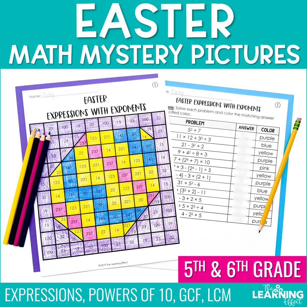 Easter Math Activities Mystery Picture Worksheets | Expressions, GCF, LCM