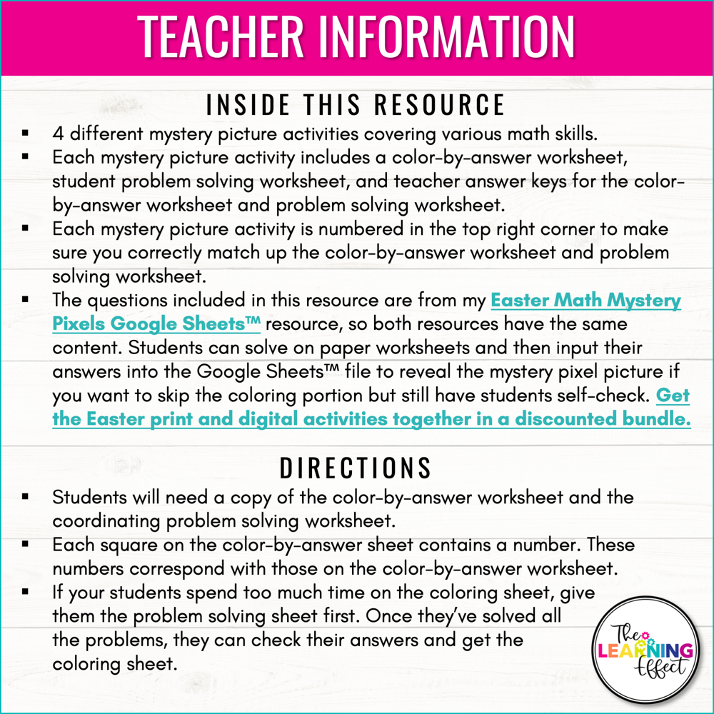 Easter Math Activities Mystery Picture Worksheets | Expressions, GCF, LCM