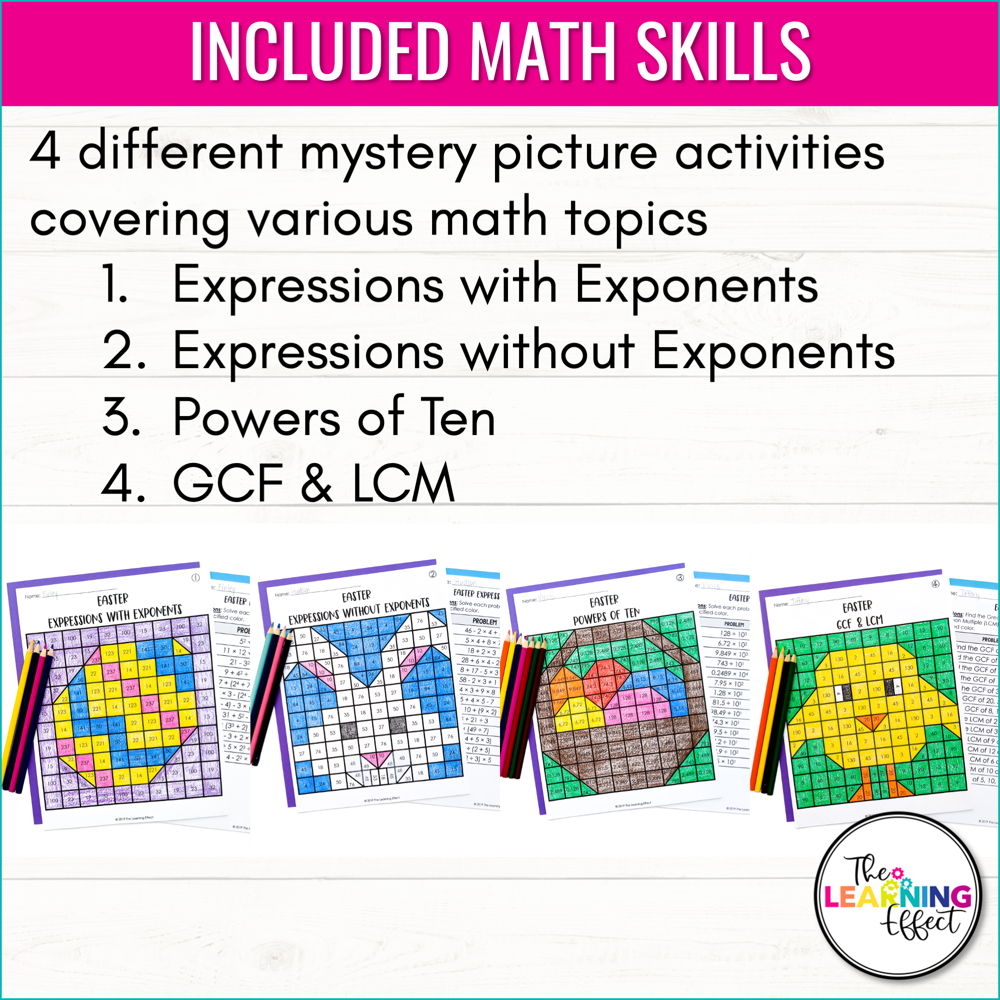 Easter Math Activities Mystery Picture Worksheets | Expressions, GCF, LCM