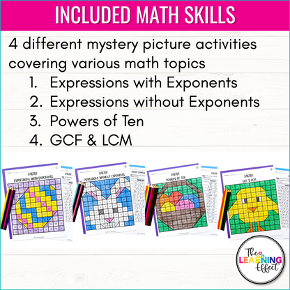 Easter Math Activities Mystery Picture Worksheets | Expressions, GCF, LCM