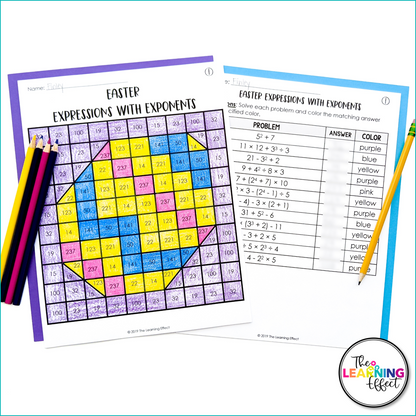 Easter Math Activities Mystery Picture Worksheets | Expressions, GCF, LCM