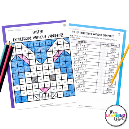 Easter Math Activities Mystery Picture Worksheets | Expressions, GCF, LCM