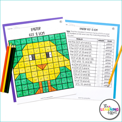 Easter Math Activities Mystery Picture Worksheets | Expressions, GCF, LCM