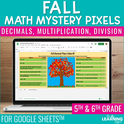 Fall Math Activities Digital Pixel Art | Decimals, Multiplication, Division