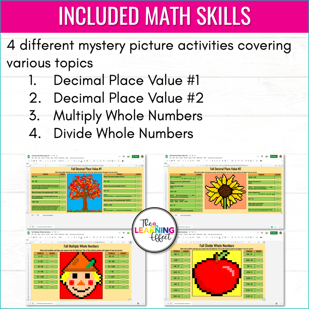 Fall Math Activities Digital Pixel Art | Decimals, Multiplication, Division