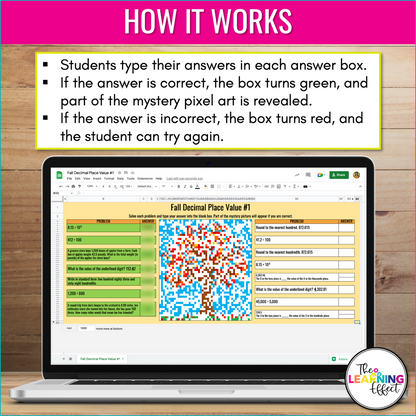 Fall Math Activities Digital Pixel Art | Decimals, Multiplication, Division