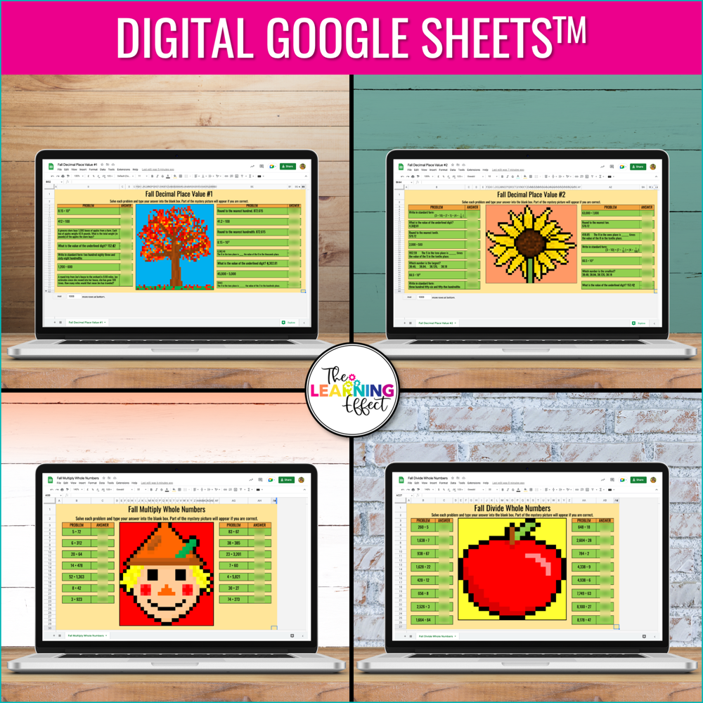 Fall Math Activities Digital Pixel Art | Decimals, Multiplication, Division