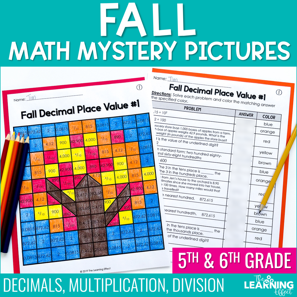 Fall Math Activities Mystery Picture Worksheets | Decimals, Multiplication
