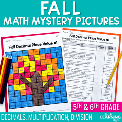 Fall Math Activities Mystery Picture Worksheets | Decimals, Multiplication