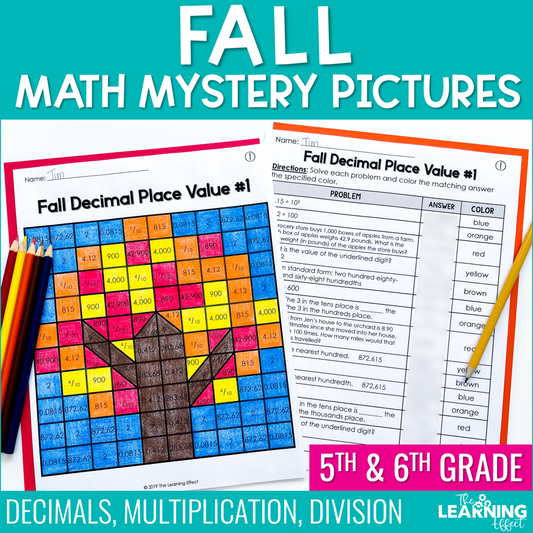 Fall Math Activities Mystery Picture Worksheets | Decimals, Multiplication