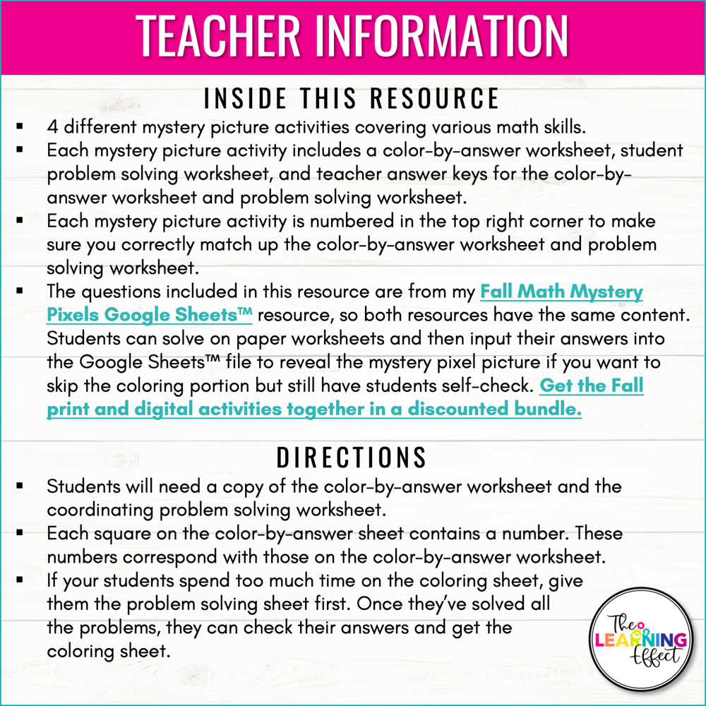 Fall Math Activities Mystery Picture Worksheets | Decimals, Multiplication