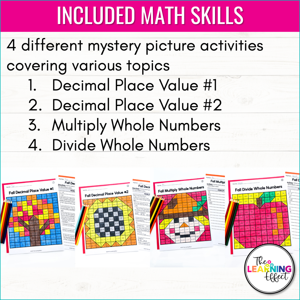 Fall Math Activities Mystery Picture Worksheets | Decimals, Multiplication