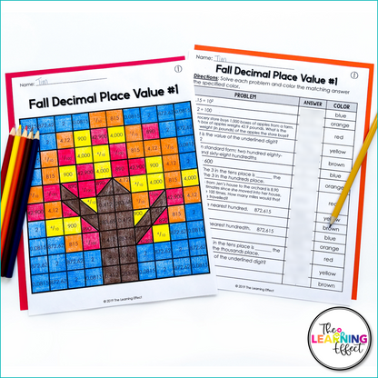 Fall Math Activities Mystery Picture Worksheets | Decimals, Multiplication