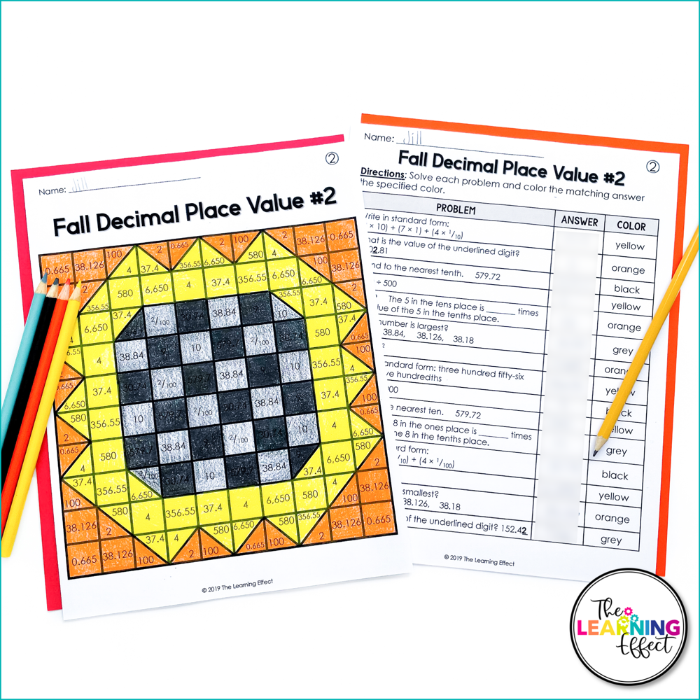 Fall Math Activities Mystery Picture Worksheets | Decimals, Multiplication