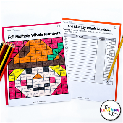 Fall Math Activities Mystery Picture Worksheets | Decimals, Multiplication