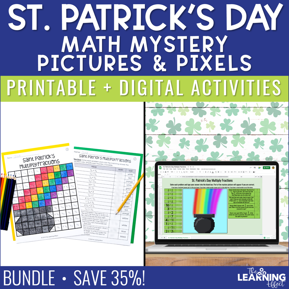 St. Patrick's Day Math Activities Color by Number and Pixel Art BUNDLE