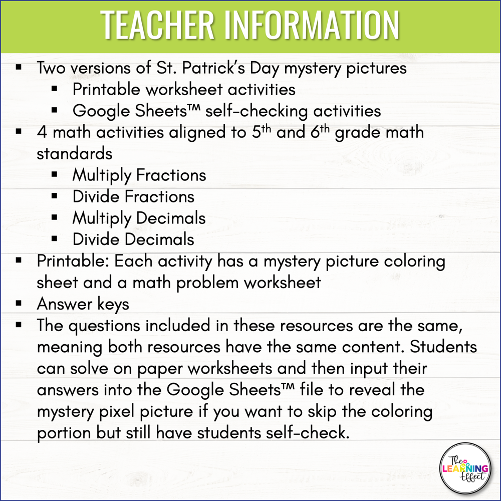 St. Patrick's Day Math Activities Color by Number and Pixel Art BUNDLE