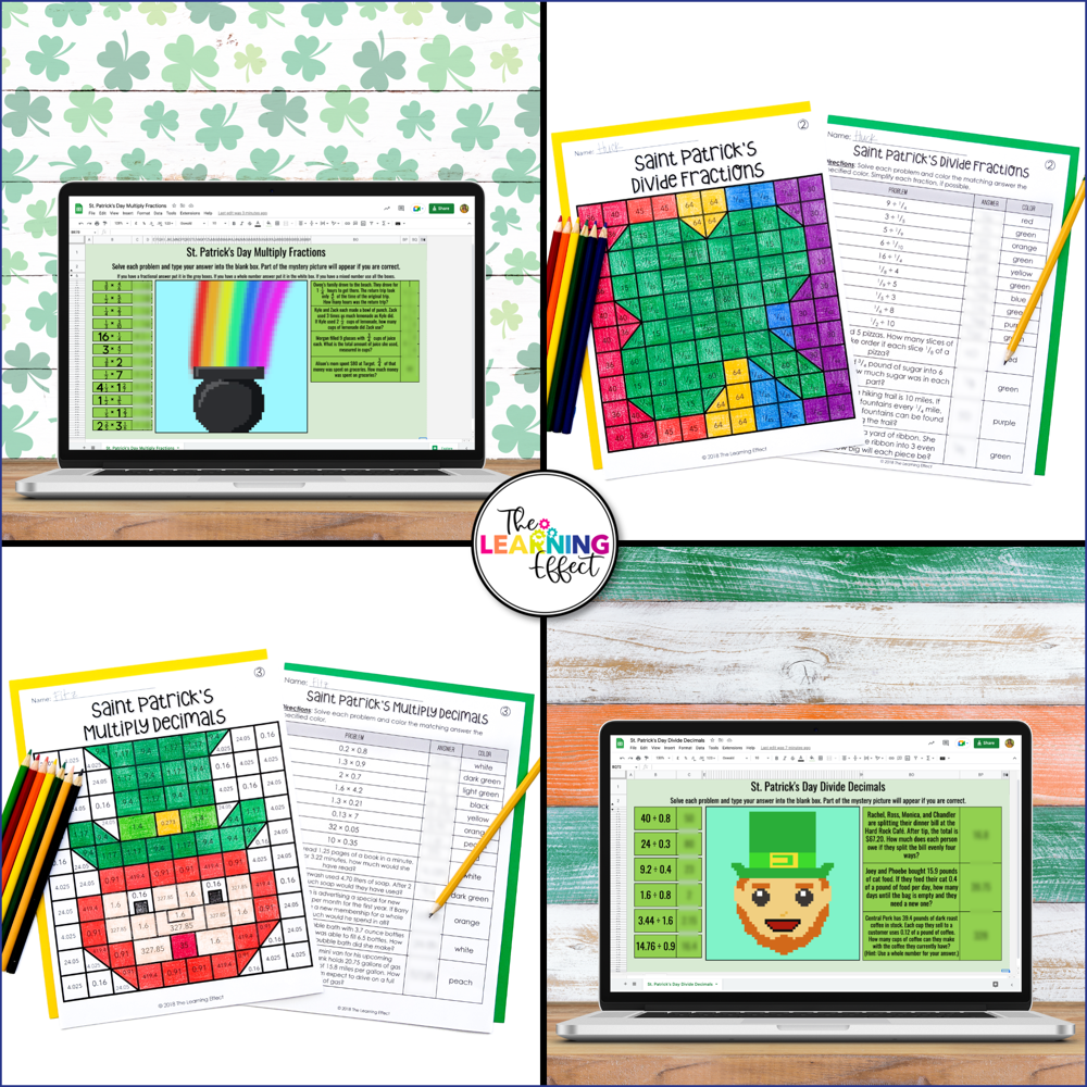 St. Patrick's Day Math Activities Color by Number and Pixel Art BUNDLE