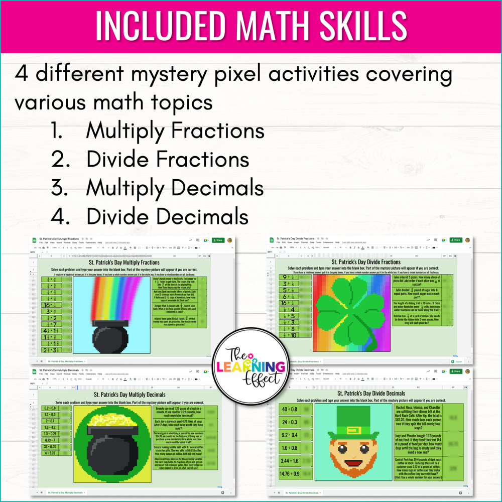 St. Patrick's Day Math Activities Digital Pixel Art | Fractions, Decimals