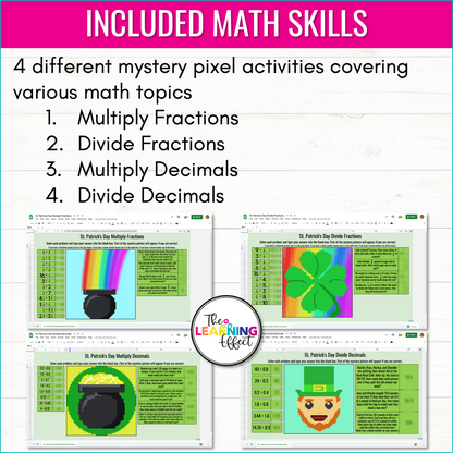 St. Patrick's Day Math Activities Digital Pixel Art | Fractions, Decimals