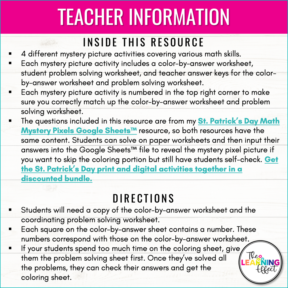 St. Patrick's Day Math Activities Mystery Picture Worksheets | Fractions