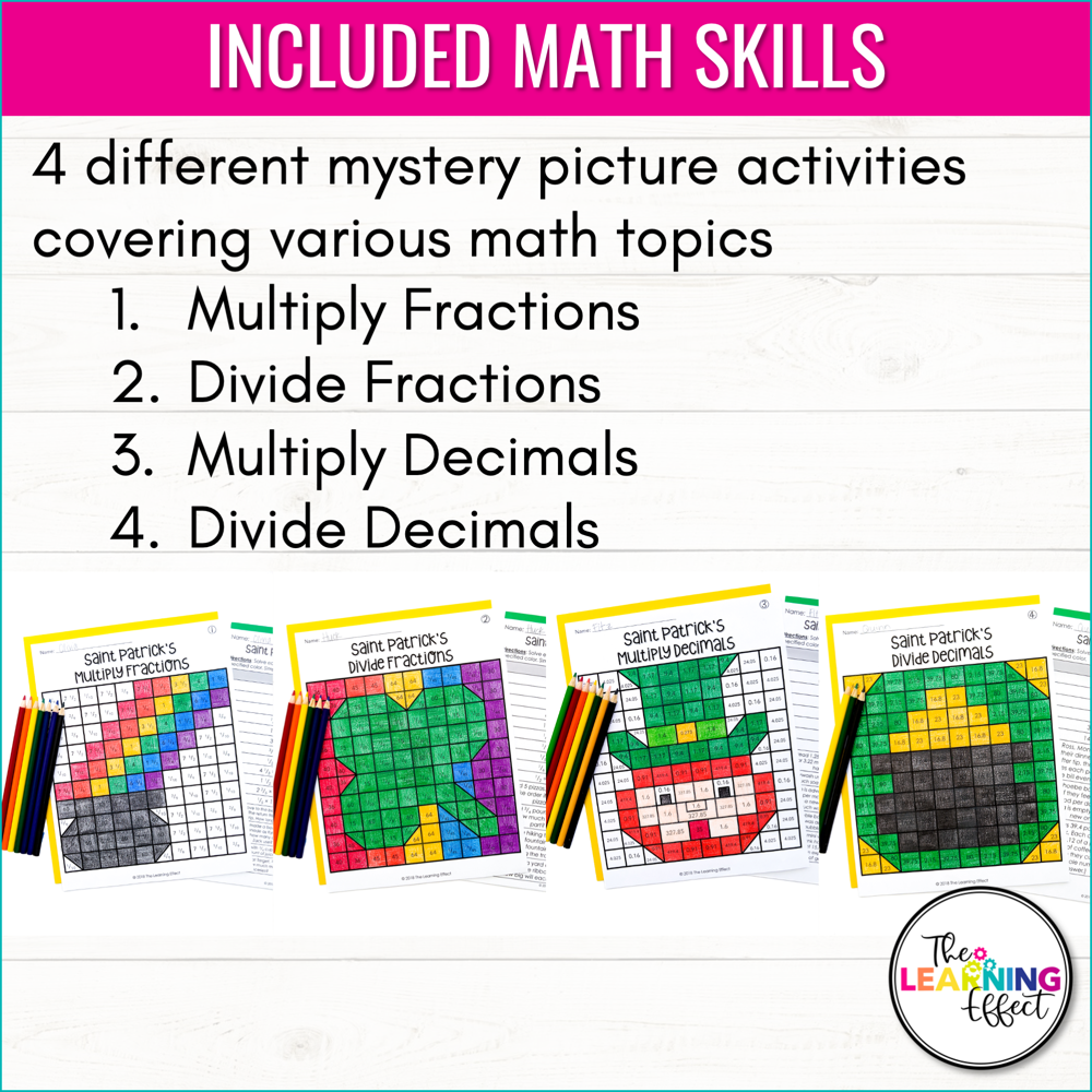 St. Patrick's Day Math Activities Mystery Picture Worksheets | Fractions