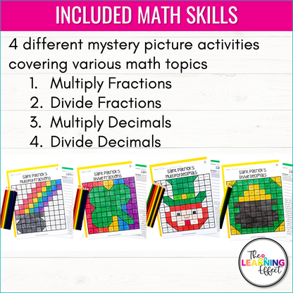 St. Patrick's Day Math Activities Mystery Picture Worksheets | Fractions