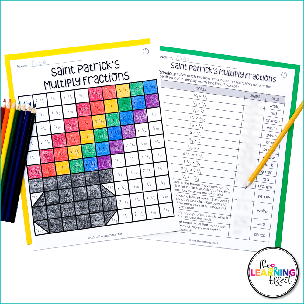 St. Patrick's Day Math Activities Mystery Picture Worksheets | Fractions